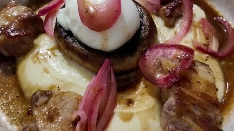 Composed Savory Dish with Truffle Mashed Potato Stock-Footage 347907084