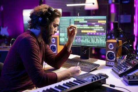 Composer songwriter taking notes to create a new song in his home studio Stock Photos