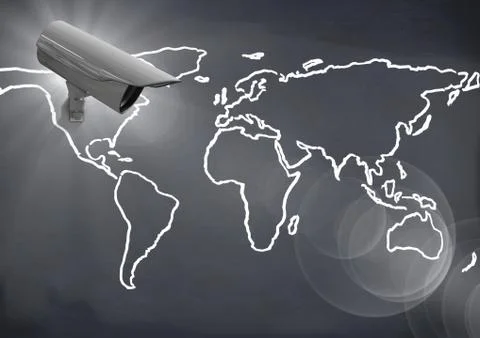 Composie Image of Security camera against a map and a grey background Illustrazione stock
