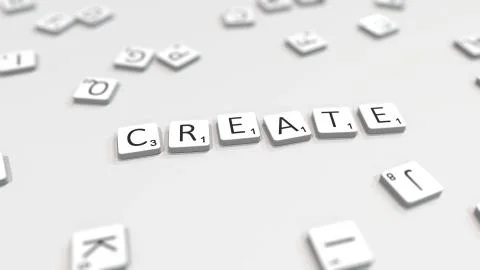 Composing CREATE word with scrabble letters. Editorial 3D rendering Stock Illustration