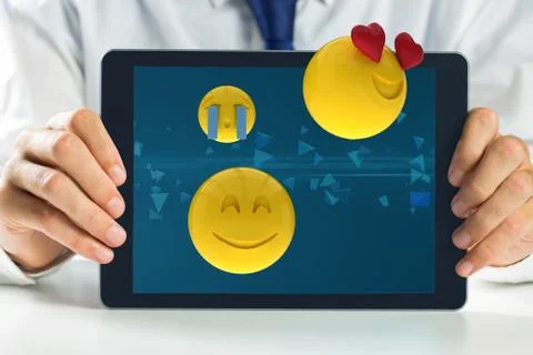 Composing image of man showing tablet in 3d Stock Photos