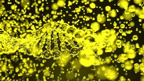 Composing or collapsing yellow transparent DNA molecule, 3D rendering. Genetic Stock Illustration