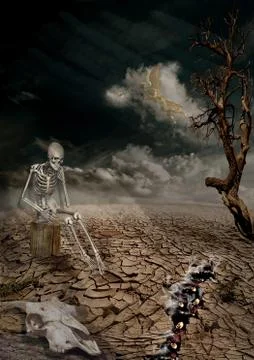 Composing Skeleton sits in front of fissure with skulls dried  out earth gloomy Stock Illustration