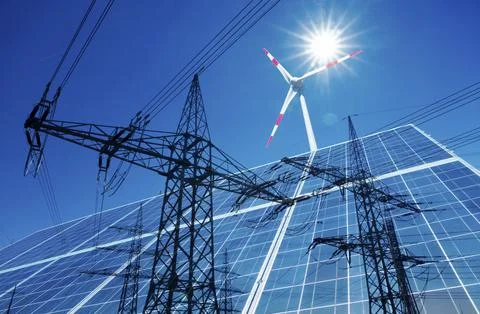 Composing of wind turbine, solar panels and high-voltage pylon with power line Fotos de archivo