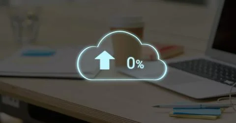 Composite of 0 number with arrow and percentage sign in cloud over laptop, Ilustração Stock