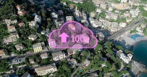 Composite of 100 percent text with arrow symbol over aerial view of cityscape Ilustración de archivo