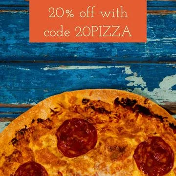 Composite of 20 percent off with code 20pizza text over plate with pizza Stock Photos