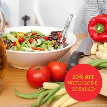 Composite of 20 percent off with code 20salad text over table with vegetable Stock Photos