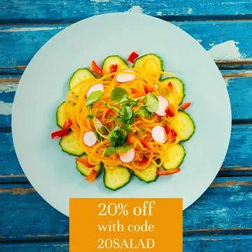 Composite of 20 percent off with code 20salad text over plate with vegetable Stock Photos