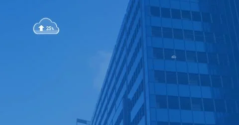 Composite of 25 percent text and up arrow sign in cloud over low angle view of Ilustración de archivo