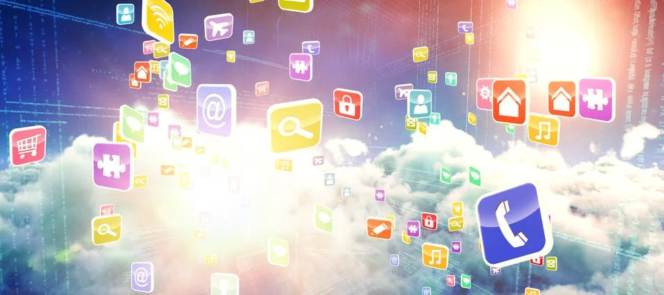 Composite 3d image of colourful computer applications Stockfoto's