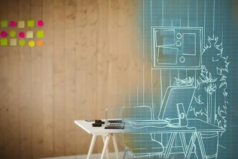 Composite 3d image of computer on desk at office Stock Photos