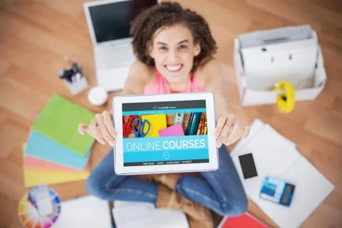 Composite 3d image of computer generated image of online education interface on Foto stock