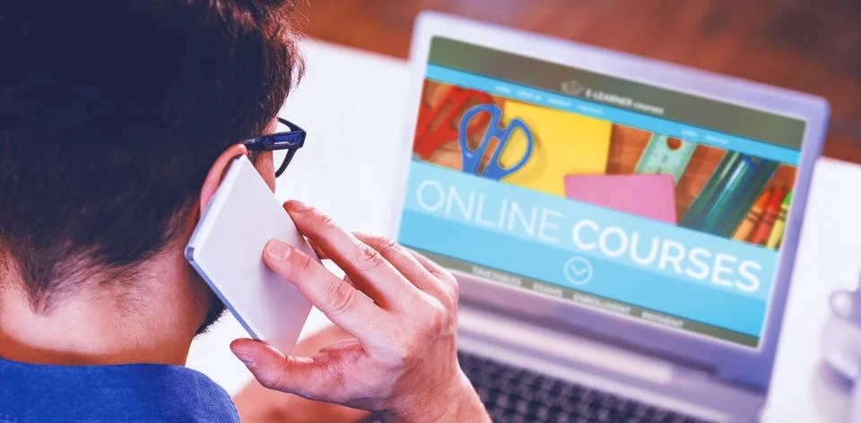 Composite 3d image of computer generated image of online education interface on Foto stock
