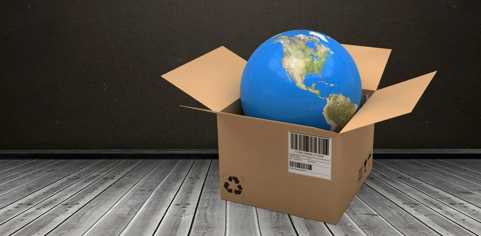 Composite 3d image of computer graphic image of globe in cardboard box Foto stock