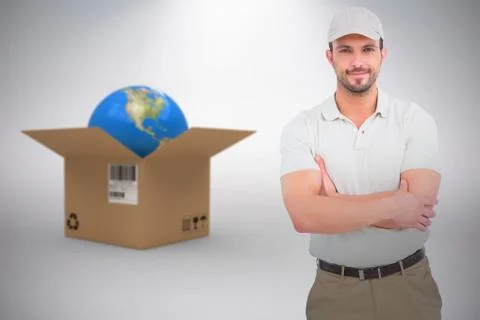Composite 3d image of delivery man standing arms crossed Stock Photos