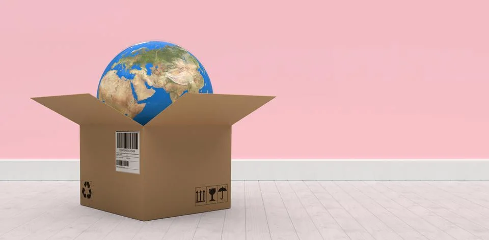 Composite 3d image of digital composite image of globe in brown cardboard box Stock Photos