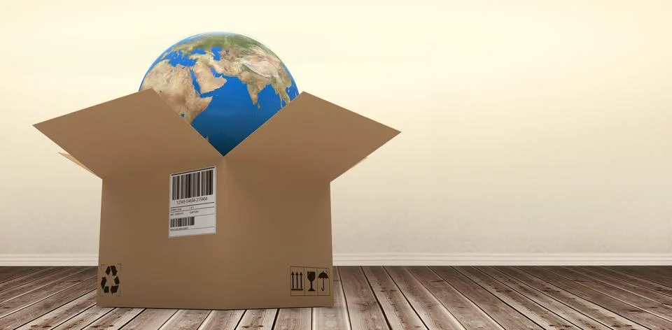 Composite 3d image of digital image of globe in brown cardboard box Foto stock