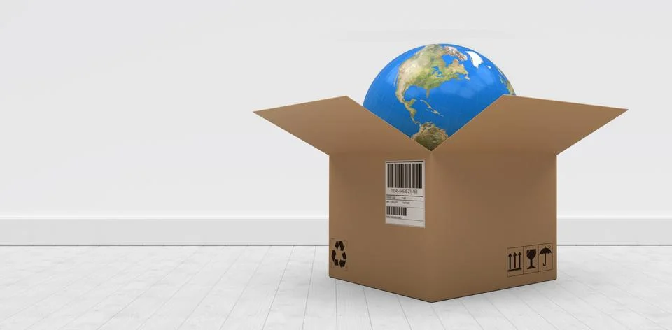 Composite 3d image of digitally generated image of globe in cardboard box Foto stock