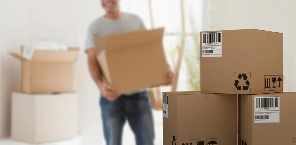 Composite 3d image of graphic image of cardboard courier boxes Foto stock