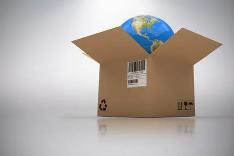 Composite 3d image of graphic image of globe in cardboard box 스톡 사진