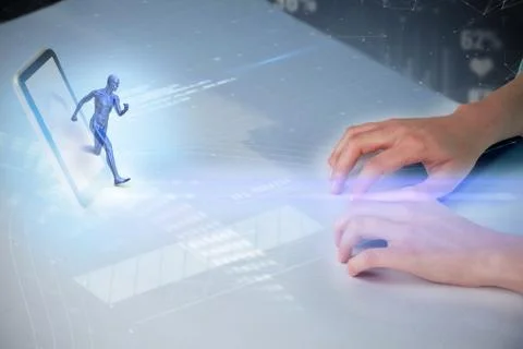 Composite 3d image of hand typing on invisible keyboard Foto stock