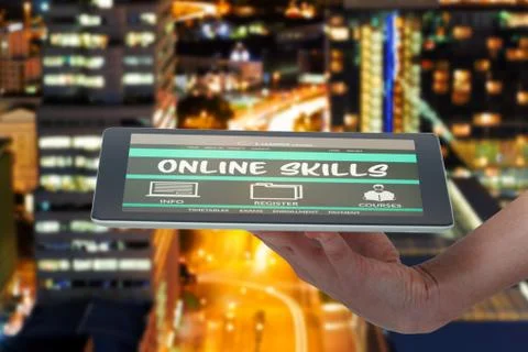 Composite 3d image of human hand holding digital tablet against white background Stock Photos