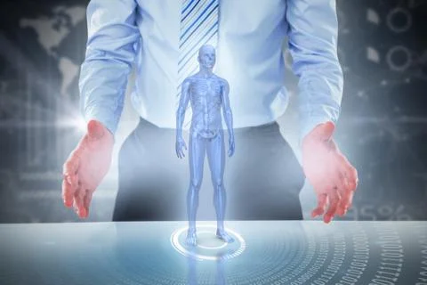Composite 3d image of midsection of businessman pretending to hold invisible 스톡 사진