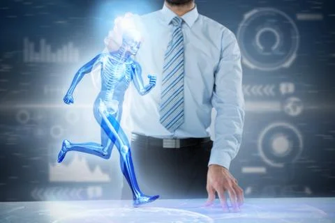 Composite 3d image of midsection of businessman touching invisible screen at Stockfoto's