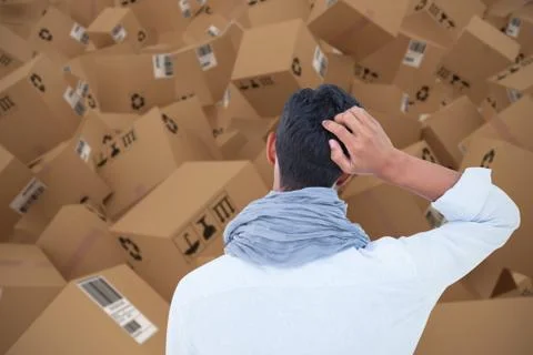 Composite 3d image of rear view of a hipster with one hand on head Foto stock