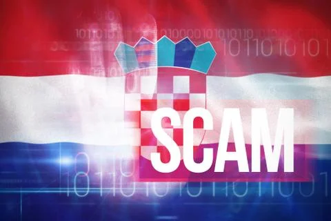 Composite 3d image of scam against blue technology design with binary code Stock Photos
