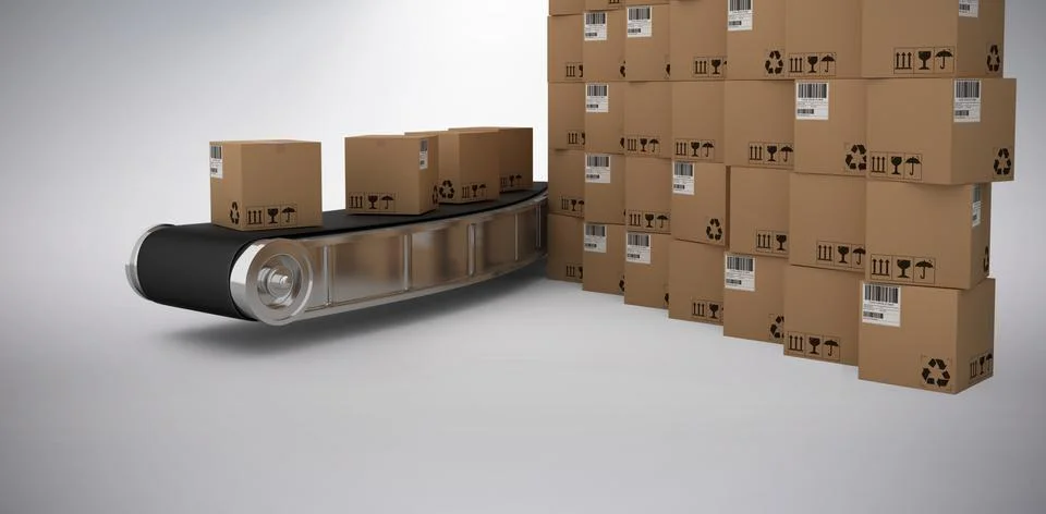 Composite 3d image of stack of brown cardboard boxes by conveyor belt Stock Photos