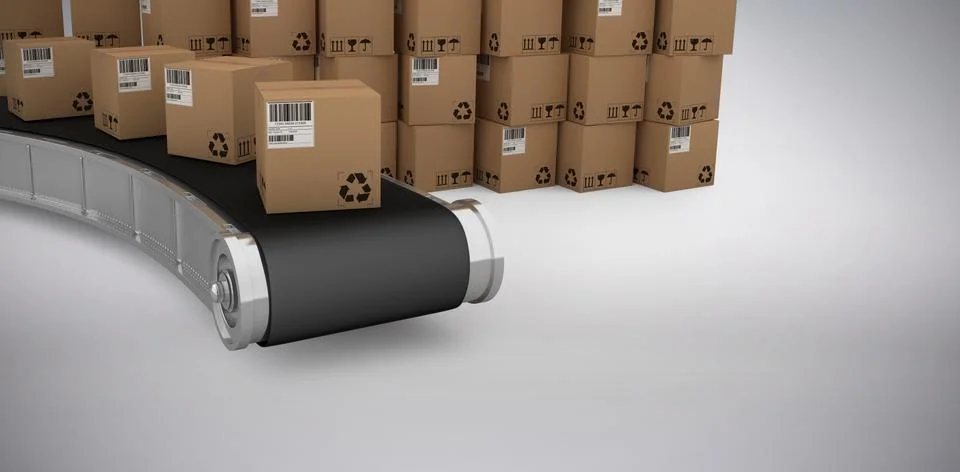 Composite 3d image of stack of cardboard boxes by conveyor belt Foto stock