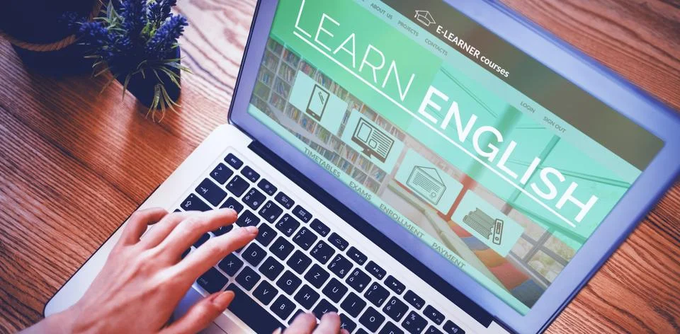 Composite 3d image of vector image of e-learning interface on screen Foto stock