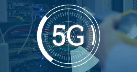 Composite of 5g text in circle over midsection of caucasian technician checking Stockillustratie
