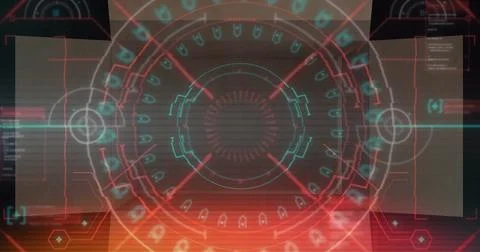 Composite of abstract patterns in circles and lens flare over open cardboard box Stockillustratie