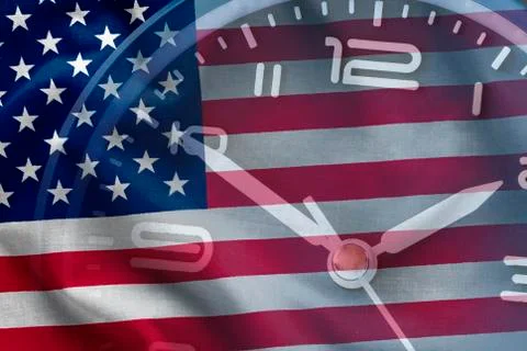 Composite of the American flag with a clock dial Stock Photos