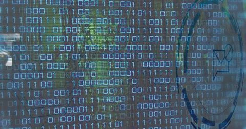 Composite of binary coding and data processing over computer servers Illustrazione stock