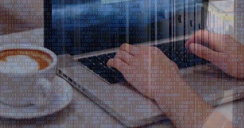 Composite of binary coding data processing over caucasian woman using laptop Stock Photos