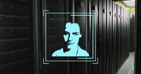 Composite of biometric photo and data processing over computer servers Illustrazione stock