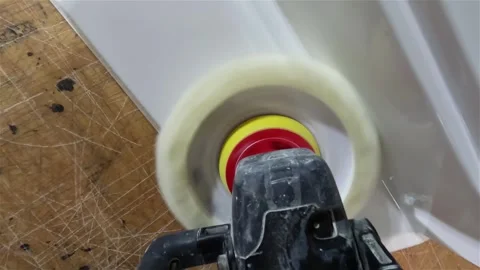 Composite Boat Component Finishing Process. Worker Polishing Plastic Boat Video stock 337663051