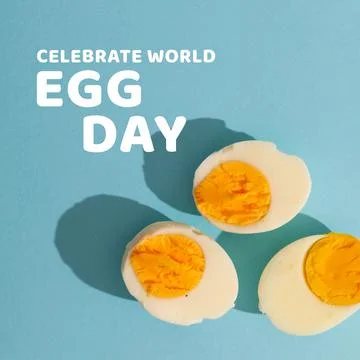 Composite of boiled egg slices and celebrate world egg day text over blue Stock Illustration