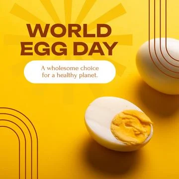 Composite of boiled eggs and world egg day text with lines on yellow background, Stock Illustration