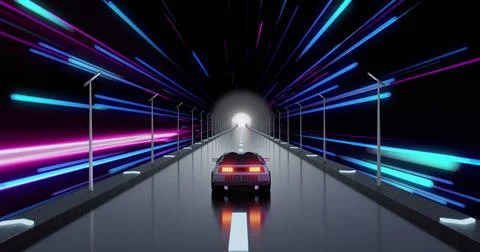 Composite of car driving through tunnel with light trails on dark background Stock Illustration