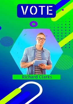 Composite of caucasian man using tablet and vote richard clarks text with イラスト素材