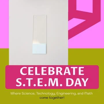 Composite of celebrate stem day text over microscope slide on white paper, copy Stock Illustration
