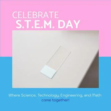 Composite of celebrate stem day text over microscope slide on white table, copy Stock Illustration