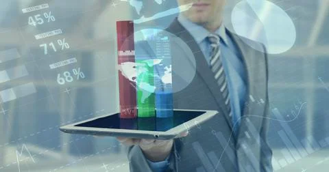 Composite of charts and database over caucasian businessman holding tablet with イラスト素材