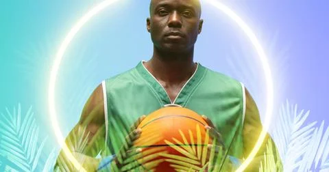 Composite of circle and plants over portrait of serious african american player Stock Photos