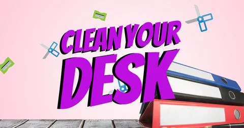 Composite of clean your desk text over falling sharpeners and scissors and files Stock Photos